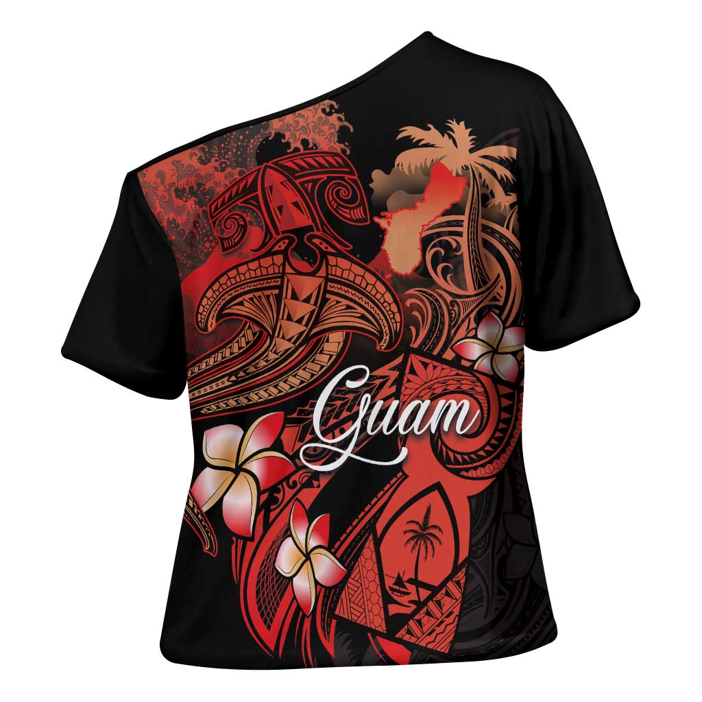 Guam Tribal Chamorro Cross Shoulder Shirt Polynesian Shark with Plumeria and Sea Vibe LT03 - Polynesian Pride