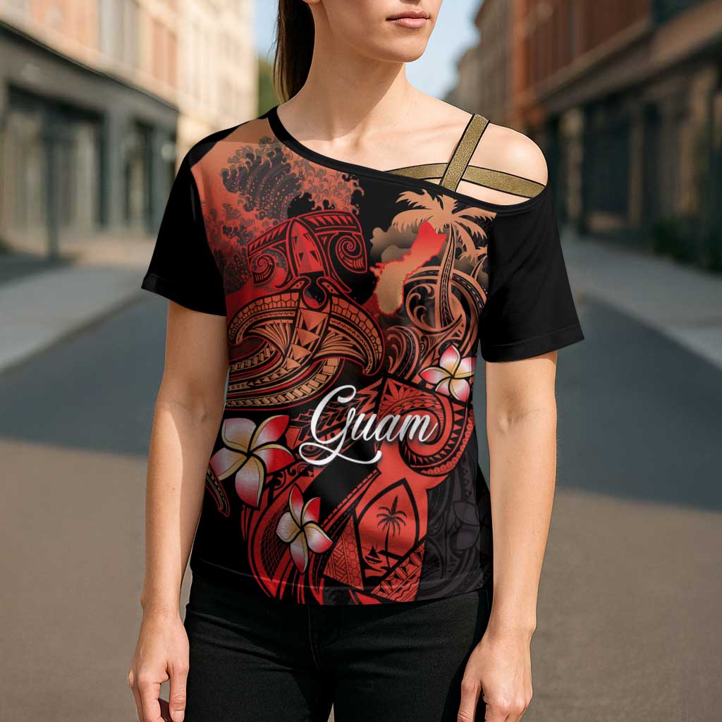 Guam Tribal Chamorro Cross Shoulder Shirt Polynesian Shark with Plumeria and Sea Vibe LT03 - Polynesian Pride