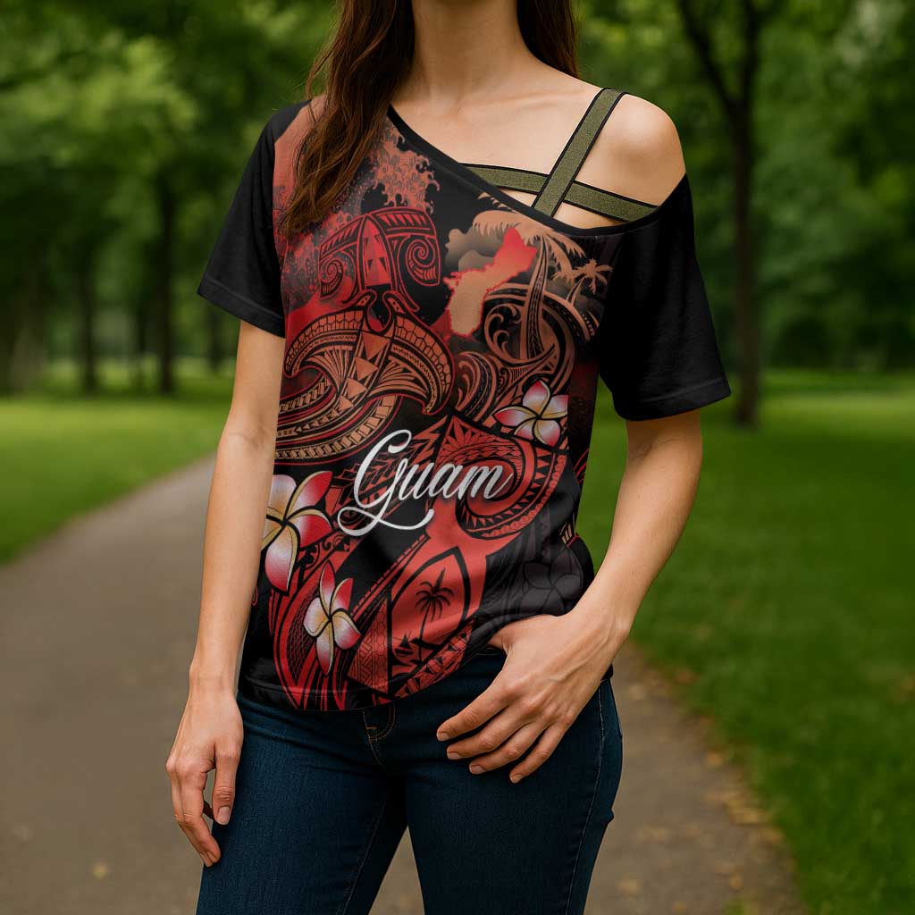 Guam Tribal Chamorro Cross Shoulder Shirt Polynesian Shark with Plumeria and Sea Vibe LT03 - Polynesian Pride