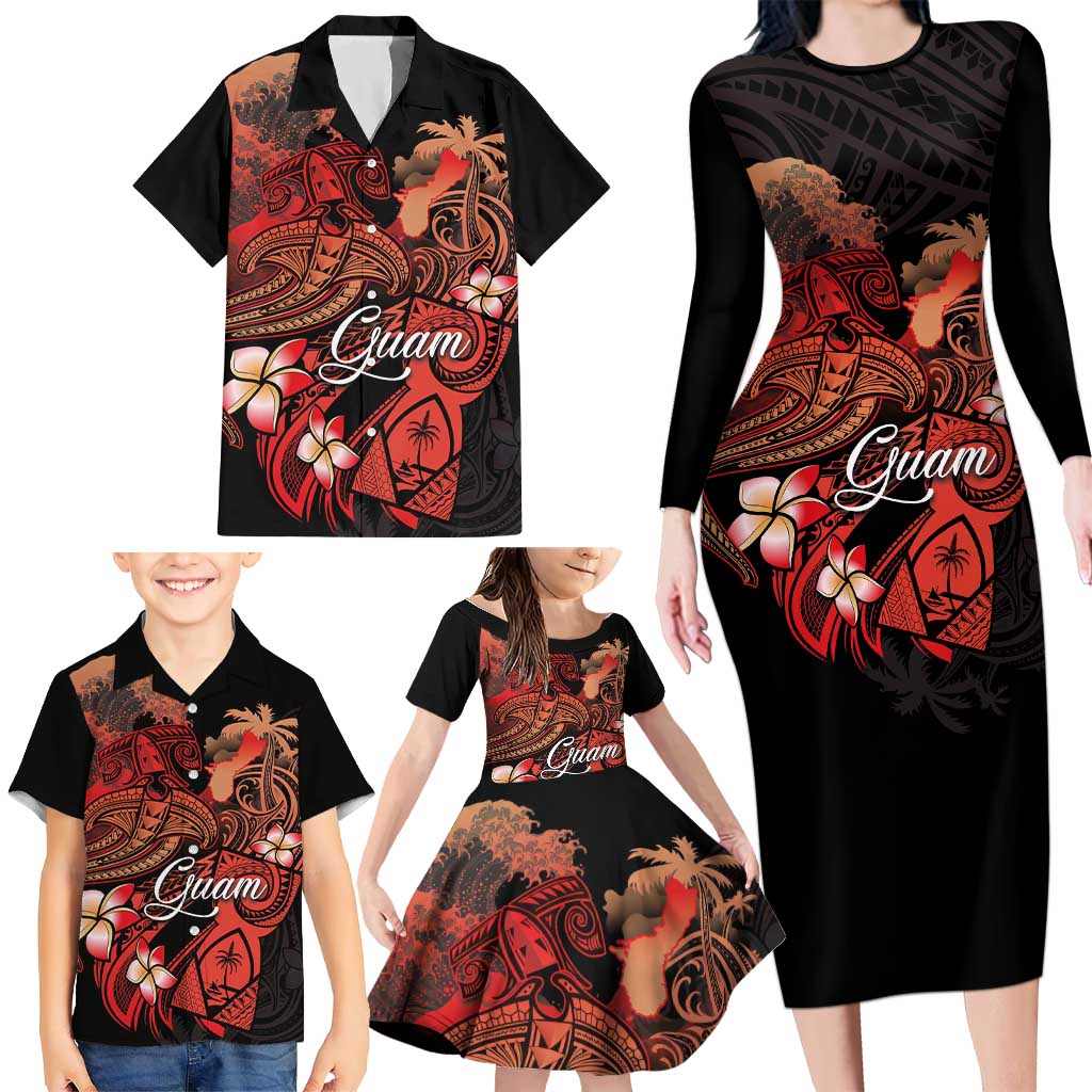 Guam Tribal Chamorro Family Matching Long Sleeve Bodycon Dress and Hawaiian Shirt Polynesian Shark with Plumeria and Sea Vibe - Polynesian Pride