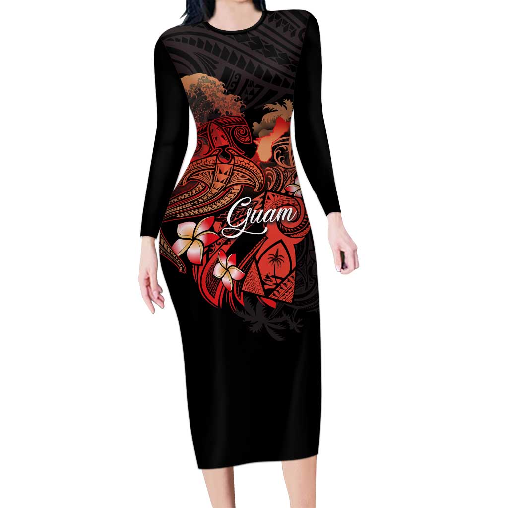 Guam Tribal Chamorro Family Matching Long Sleeve Bodycon Dress and Hawaiian Shirt Polynesian Shark with Plumeria and Sea Vibe LT03 Mom's Dress Black - Polynesian Pride