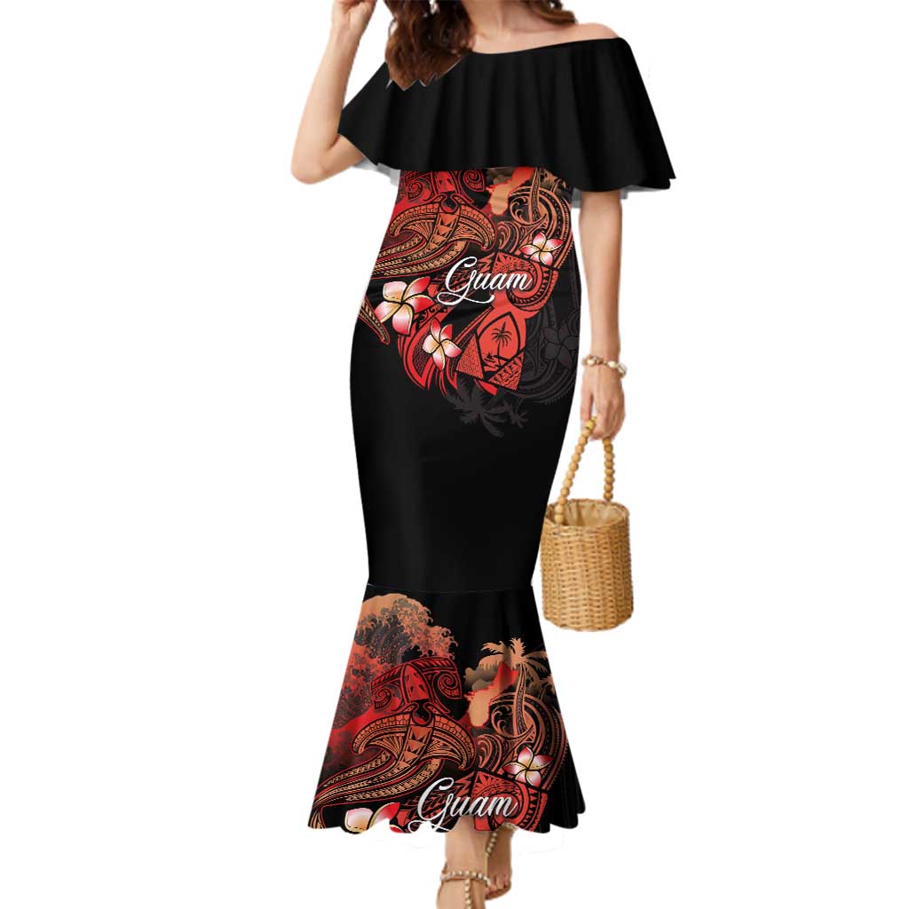 Guam Tribal Chamorro Family Matching Mermaid Dress and Hawaiian Shirt Polynesian Shark with Plumeria and Sea Vibe LT03 Mom's Dress Black - Polynesian Pride