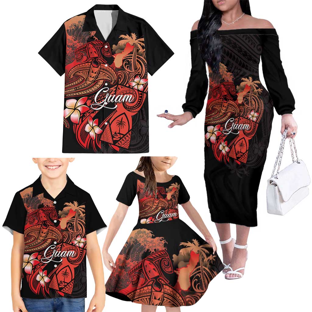 Guam Tribal Chamorro Family Matching Off The Shoulder Long Sleeve Dress and Hawaiian Shirt Polynesian Shark with Plumeria and Sea Vibe LT03 - Polynesian Pride