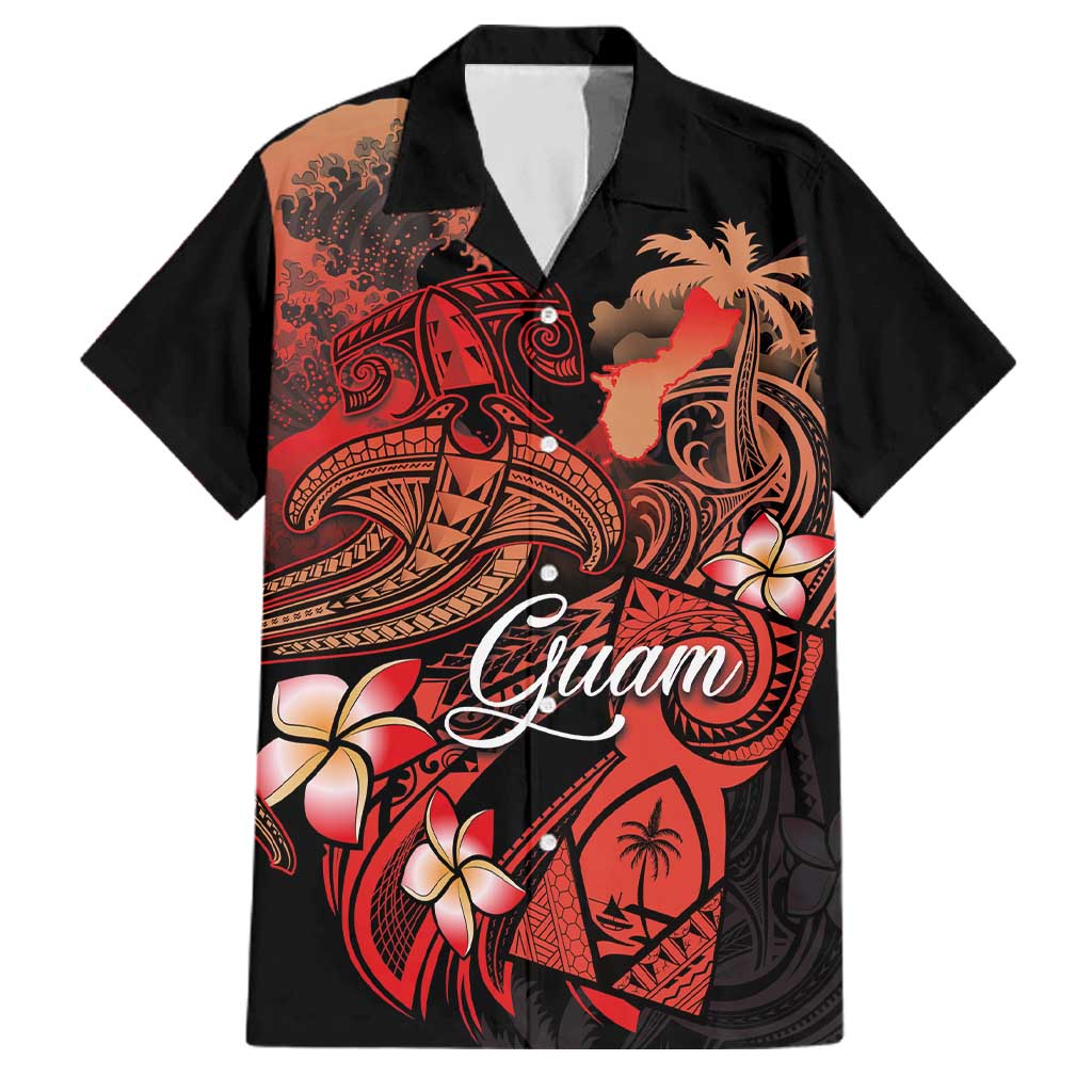 Guam Tribal Chamorro Family Matching Off The Shoulder Long Sleeve Dress and Hawaiian Shirt Polynesian Shark with Plumeria and Sea Vibe LT03 Dad's Shirt - Short Sleeve Black - Polynesian Pride