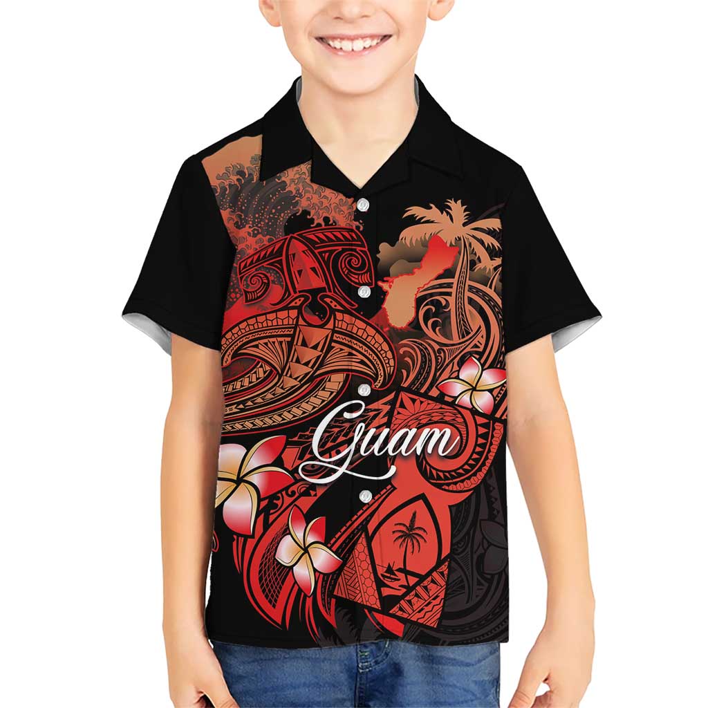 Guam Tribal Chamorro Family Matching Off The Shoulder Long Sleeve Dress and Hawaiian Shirt Polynesian Shark with Plumeria and Sea Vibe LT03 Son's Shirt Black - Polynesian Pride