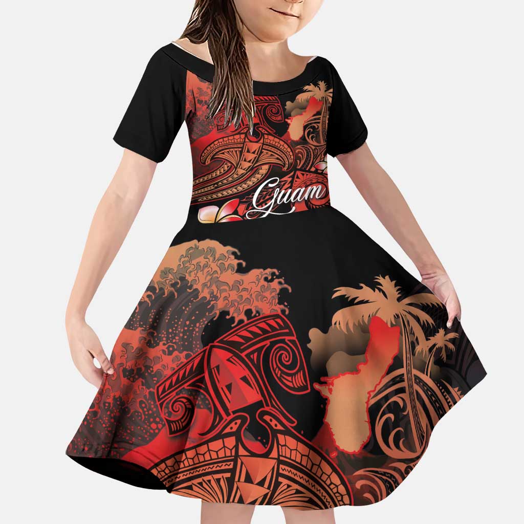 Guam Tribal Chamorro Family Matching Off Shoulder Maxi Dress and Hawaiian Shirt Polynesian Shark with Plumeria and Sea Vibe LT03 Daughter's Dress Black - Polynesian Pride