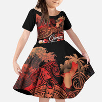 Guam Tribal Chamorro Family Matching Off Shoulder Short Dress and Hawaiian Shirt Polynesian Shark with Plumeria and Sea Vibe LT03 Daughter's Dress Black - Polynesian Pride