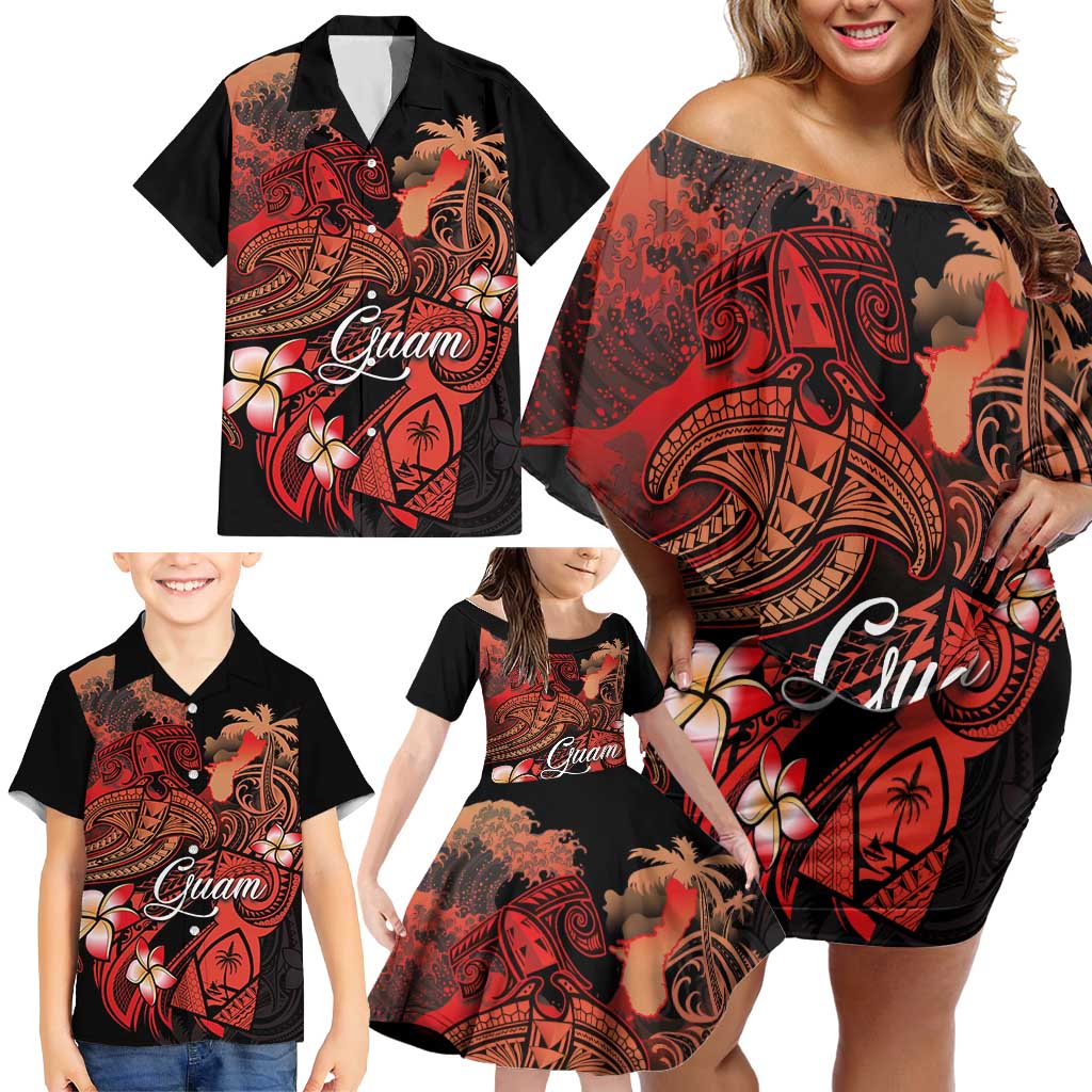 Guam Tribal Chamorro Family Matching Off Shoulder Short Dress and Hawaiian Shirt Polynesian Shark with Plumeria and Sea Vibe - Polynesian Pride