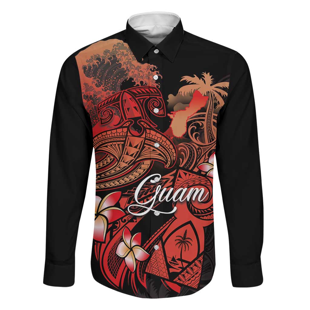 Guam Tribal Chamorro Family Matching Off Shoulder Short Dress and Hawaiian Shirt Polynesian Shark with Plumeria and Sea Vibe LT03 Dad's Shirt - Long Sleeve Black - Polynesian Pride