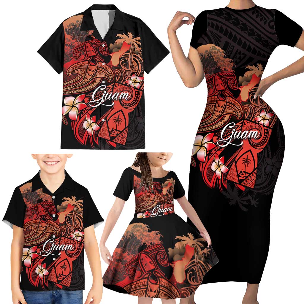 Guam Tribal Chamorro Family Matching Short Sleeve Bodycon Dress and Hawaiian Shirt Polynesian Shark with Plumeria and Sea Vibe LT03 - Polynesian Pride