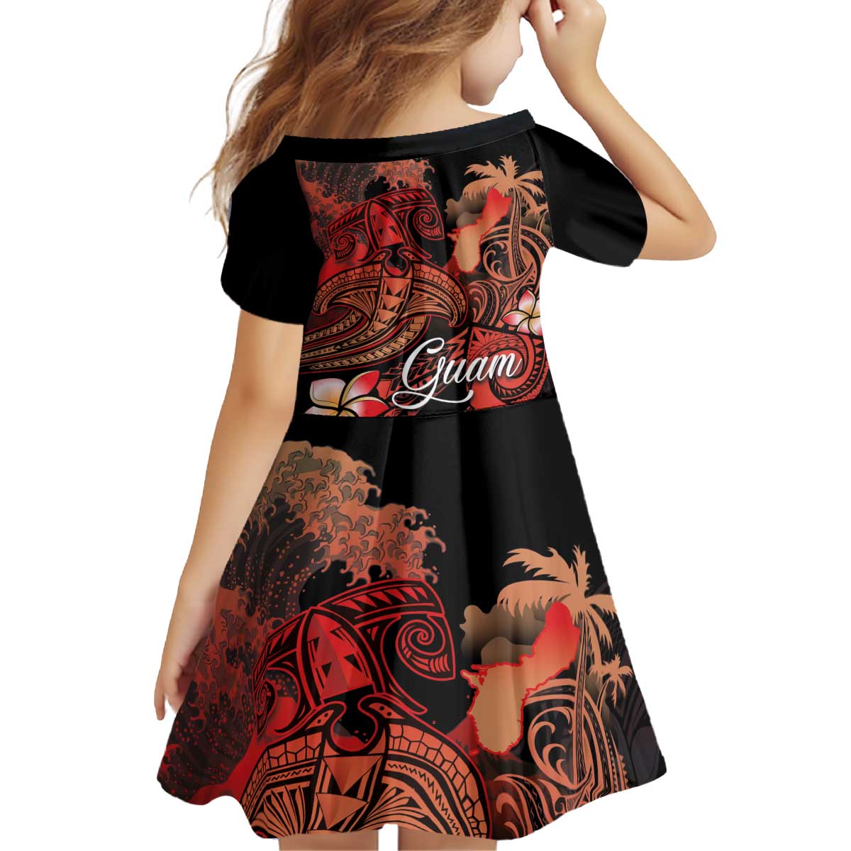 Guam Tribal Chamorro Kid Short Sleeve Dress Polynesian Shark with Plumeria and Sea Vibe LT03 - Polynesian Pride