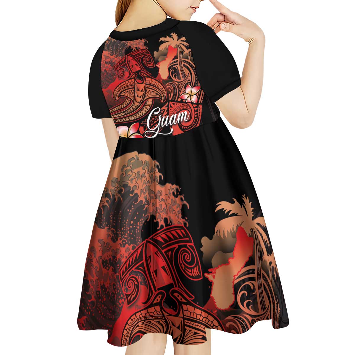 Guam Tribal Chamorro Kid Short Sleeve Dress Polynesian Shark with Plumeria and Sea Vibe LT03 - Polynesian Pride