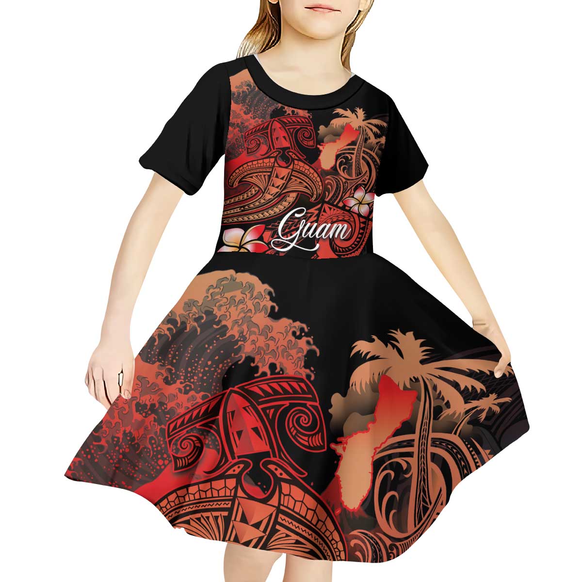 Guam Tribal Chamorro Kid Short Sleeve Dress Polynesian Shark with Plumeria and Sea Vibe LT03 - Polynesian Pride