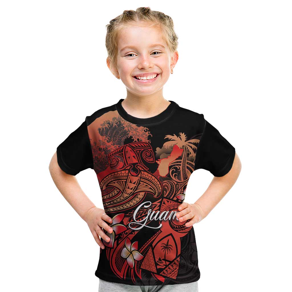 Guam Tribal Chamorro Kid T Shirt Polynesian Shark with Plumeria and Sea Vibe LT03 Black - Polynesian Pride