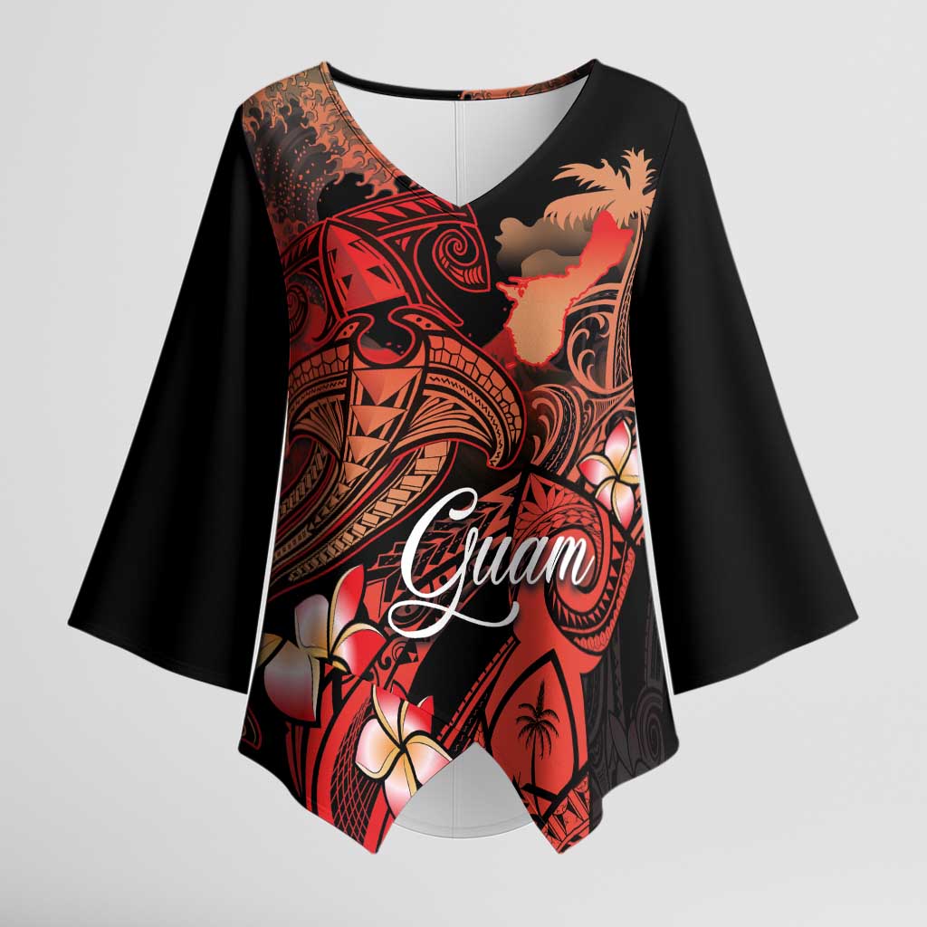 Guam Tribal Chamorro Kimono Sleeve Blouse Polynesian Shark with Plumeria and Sea Vibe LT03 Female Black - Polynesian Pride