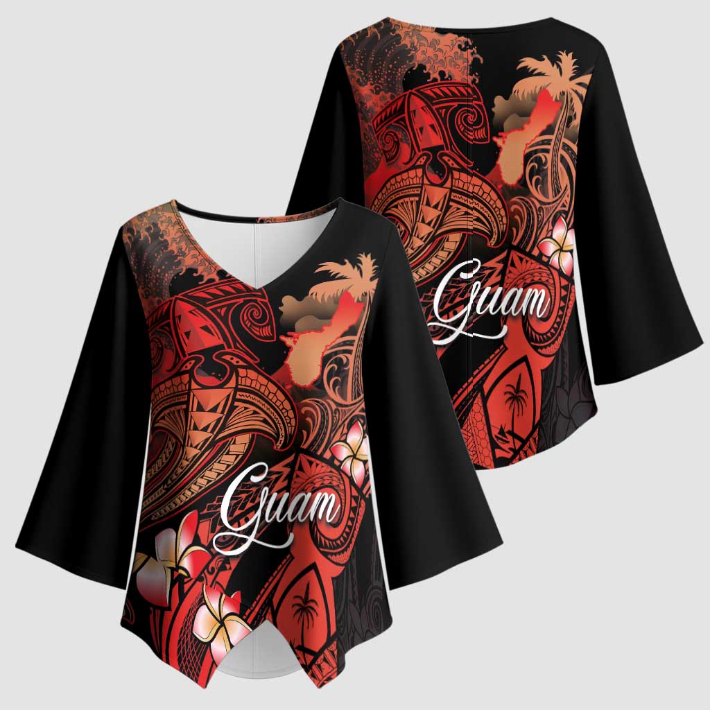 Guam Tribal Chamorro Kimono Sleeve Blouse Polynesian Shark with Plumeria and Sea Vibe LT03 - Polynesian Pride