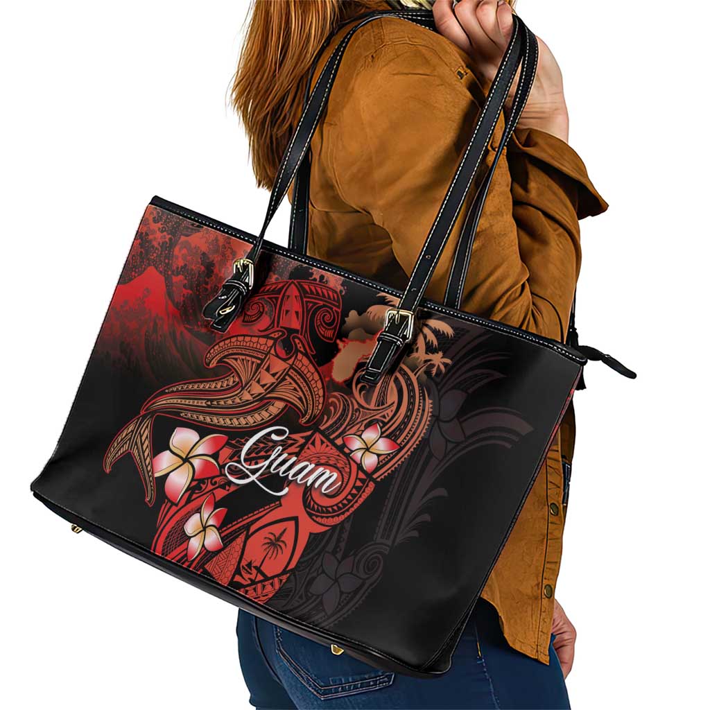 Guam Tribal Chamorro Leather Tote Bag Polynesian Shark with Plumeria and Sea Vibe - Polynesian Pride
