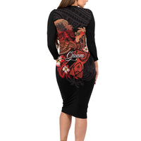 Guam Tribal Chamorro Long Sleeve Bodycon Dress Polynesian Shark with Plumeria and Sea Vibe LT03 - Polynesian Pride