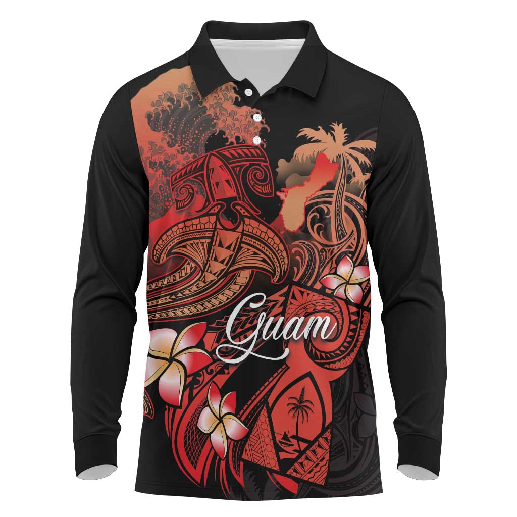 Guam Tribal Chamorro Long Sleeve Polo Shirt Polynesian Shark with Plumeria and Sea Vibe LT03 Black - Polynesian Pride