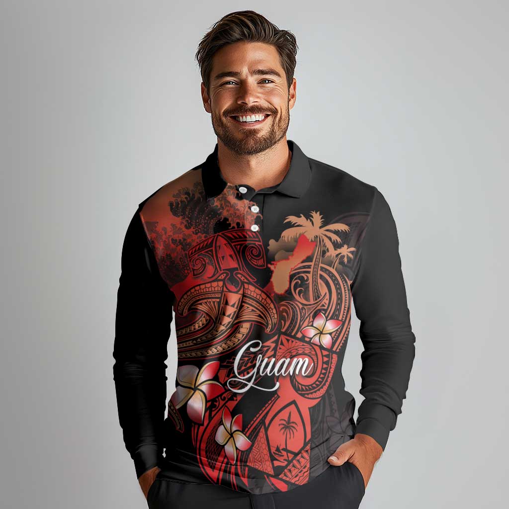 Guam Tribal Chamorro Long Sleeve Polo Shirt Polynesian Shark with Plumeria and Sea Vibe LT03 - Polynesian Pride
