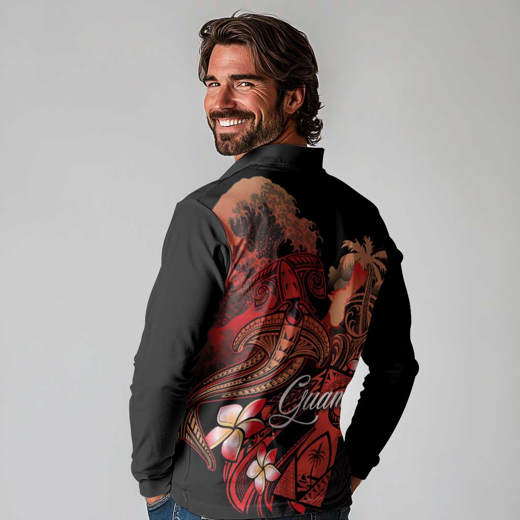Guam Tribal Chamorro Long Sleeve Polo Shirt Polynesian Shark with Plumeria and Sea Vibe LT03 - Polynesian Pride