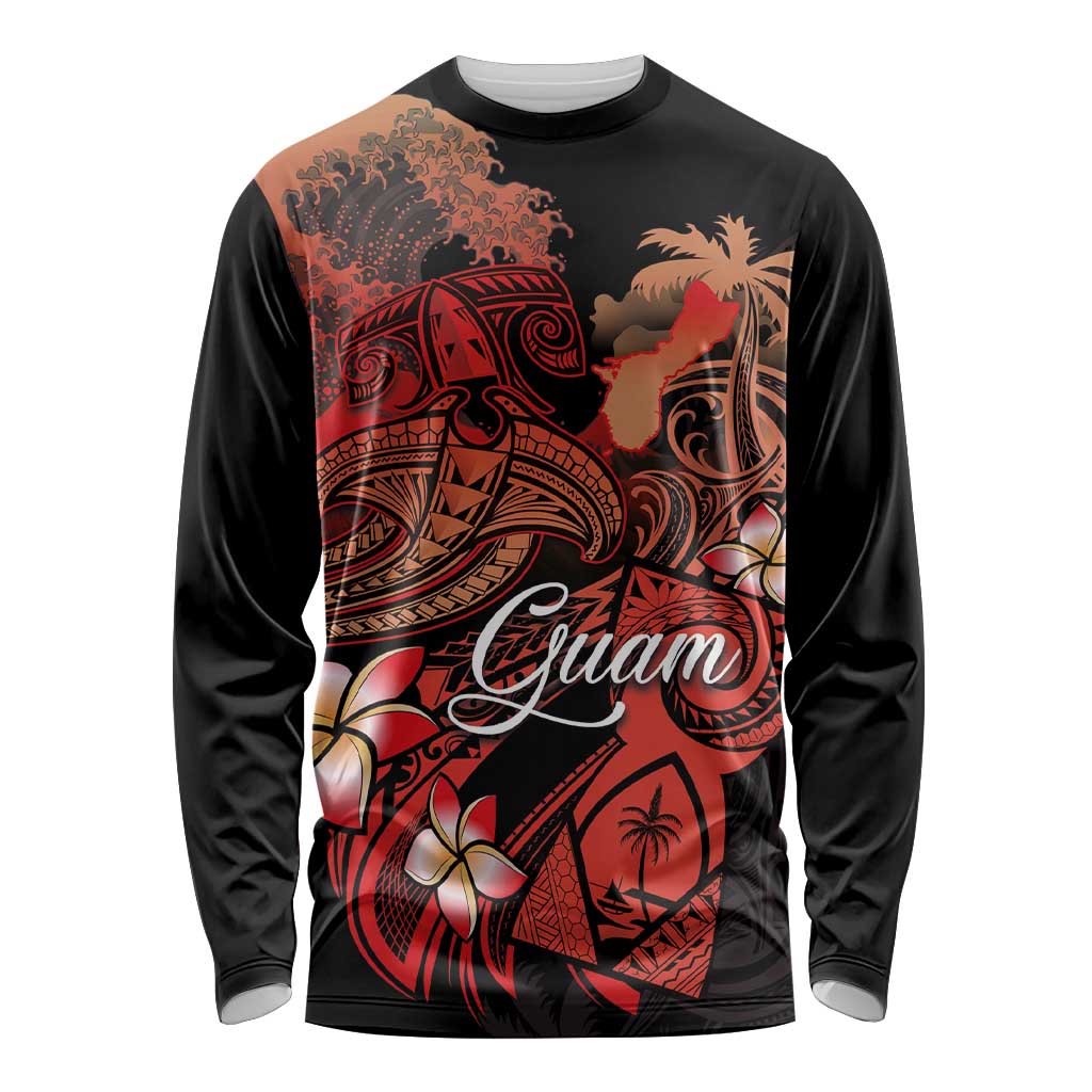 Guam Tribal Chamorro Long Sleeve Shirt Polynesian Shark with Plumeria and Sea Vibe LT03 Unisex Black - Polynesian Pride