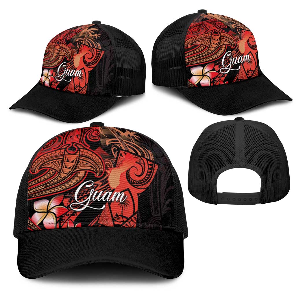 Guam Tribal Chamorro Mesh Trucker Cap Polynesian Shark with Plumeria and Sea Vibe - Polynesian Pride