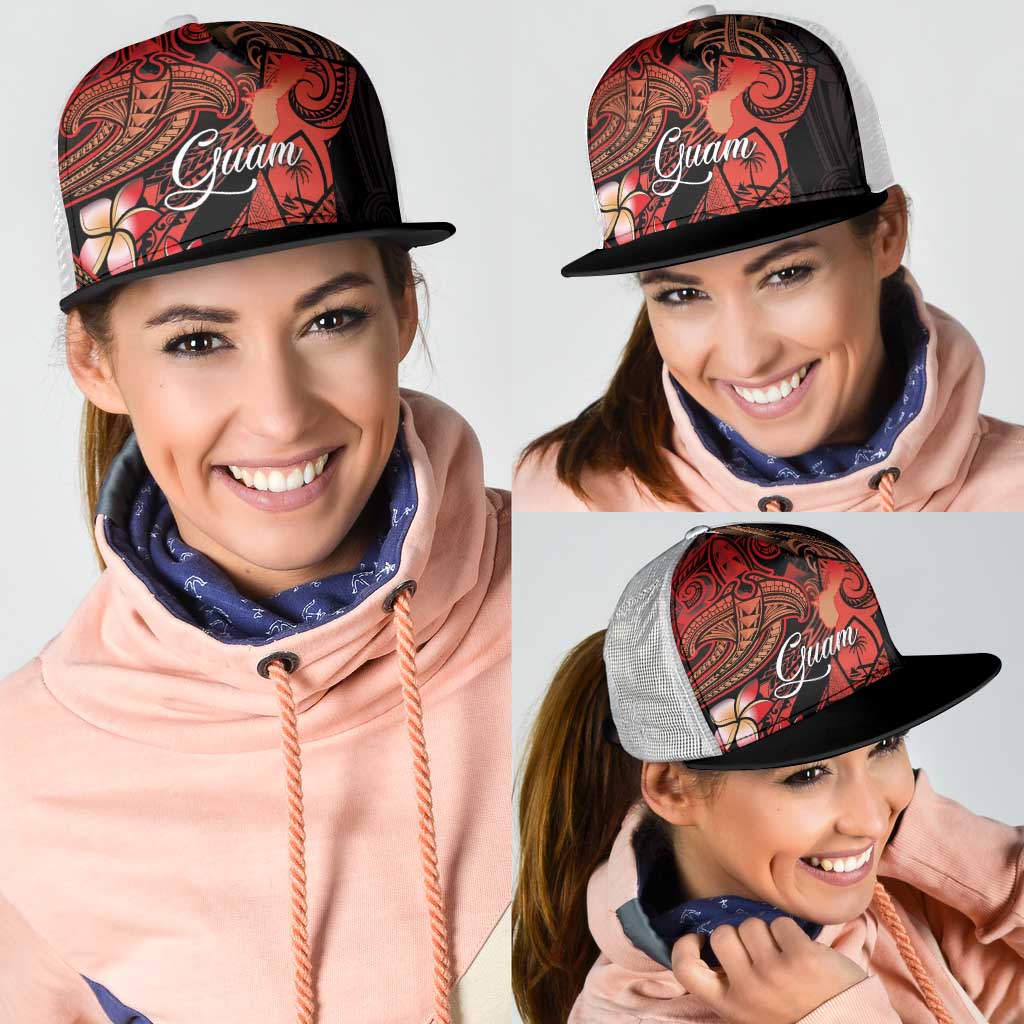 Guam Tribal Chamorro Mesh Trucker Cap Polynesian Shark with Plumeria and Sea Vibe - Polynesian Pride