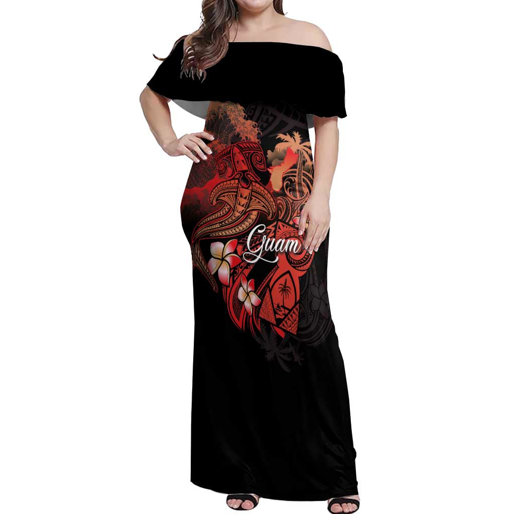 Guam Tribal Chamorro Off Shoulder Maxi Dress Polynesian Shark with Plumeria and Sea Vibe LT03 Women Black - Polynesian Pride