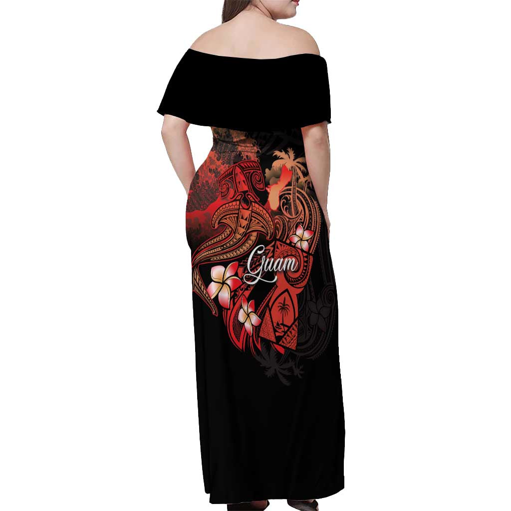 Guam Tribal Chamorro Off Shoulder Maxi Dress Polynesian Shark with Plumeria and Sea Vibe LT03 - Polynesian Pride