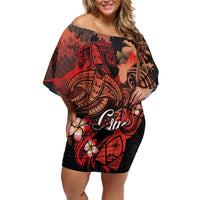 Guam Tribal Chamorro Off Shoulder Short Dress Polynesian Shark with Plumeria and Sea Vibe LT03 Women Black - Polynesian Pride