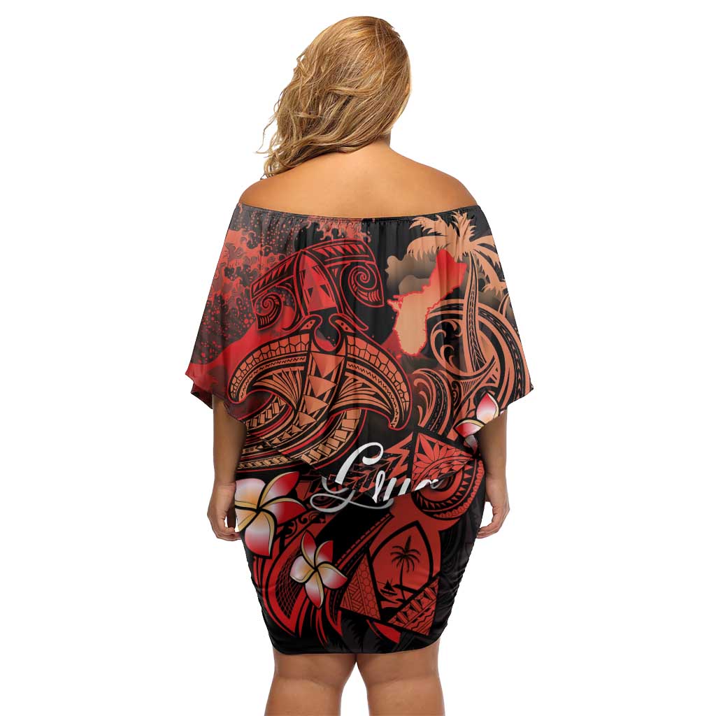 Guam Tribal Chamorro Off Shoulder Short Dress Polynesian Shark with Plumeria and Sea Vibe LT03 - Polynesian Pride