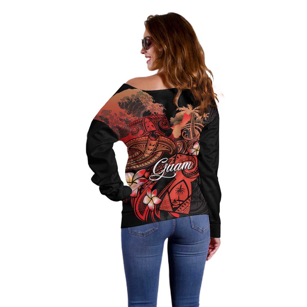 Guam Tribal Chamorro Off Shoulder Sweater Polynesian Shark with Plumeria and Sea Vibe - Polynesian Pride