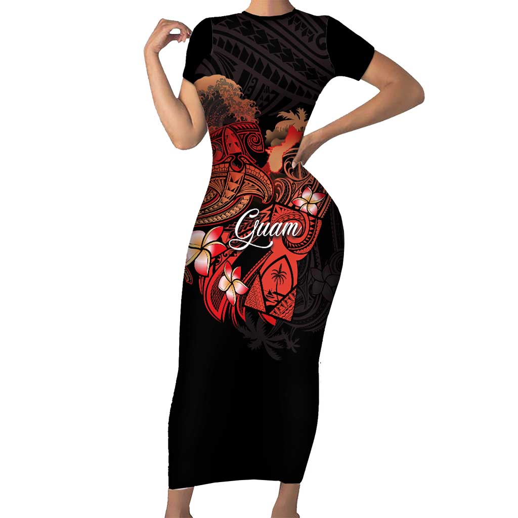 Guam Tribal Chamorro Short Sleeve Bodycon Dress Polynesian Shark with Plumeria and Sea Vibe - Polynesian Pride