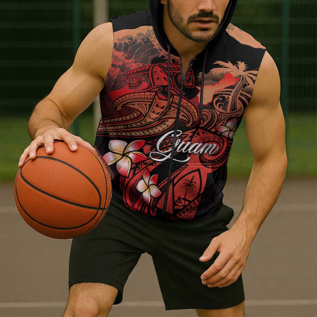 Guam Tribal Chamorro Sleeveless Zip Hoodie Polynesian Shark with Plumeria and Sea Vibe LT03 - Polynesian Pride