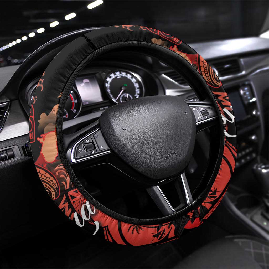 Guam Tribal Chamorro Steering Wheel Cover Polynesian Shark with Plumeria and Sea Vibe LT03 Universal Fit Black - Polynesian Pride