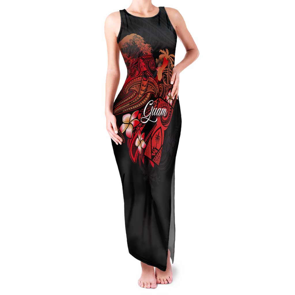Guam Tribal Chamorro Tank Maxi Dress Polynesian Shark with Plumeria and Sea Vibe LT03 Women Black - Polynesian Pride