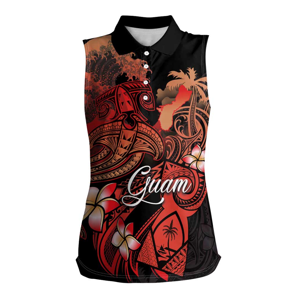 Guam Tribal Chamorro Women Sleeveless Polo Shirt Polynesian Shark with Plumeria and Sea Vibe LT03 Female Black - Polynesian Pride