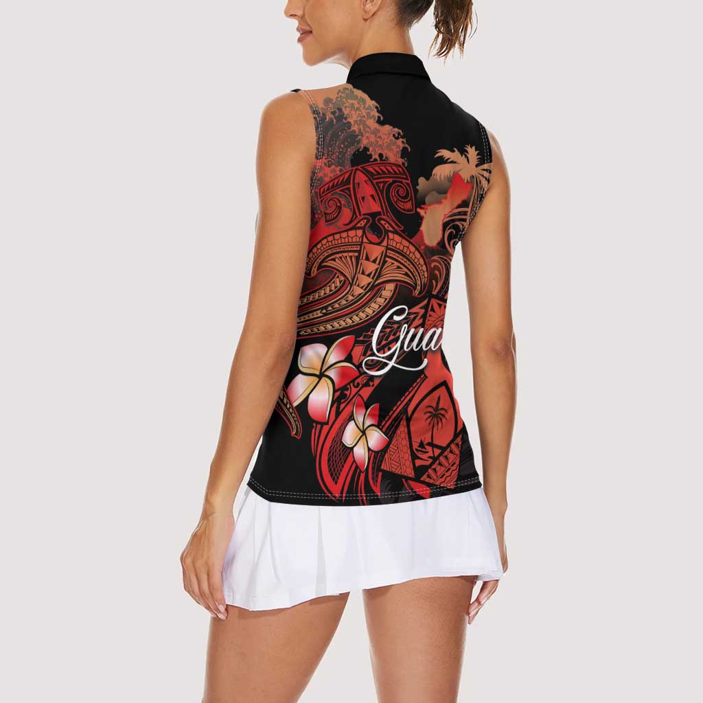 Guam Tribal Chamorro Women Sleeveless Polo Shirt Polynesian Shark with Plumeria and Sea Vibe LT03 - Polynesian Pride