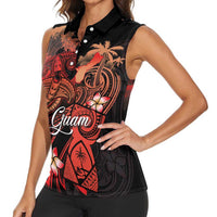 Guam Tribal Chamorro Women Sleeveless Polo Shirt Polynesian Shark with Plumeria and Sea Vibe LT03 - Polynesian Pride