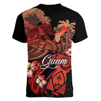 Guam Tribal Chamorro Women V-Neck T-Shirt Polynesian Shark with Plumeria and Sea Vibe LT03 - Polynesian Pride