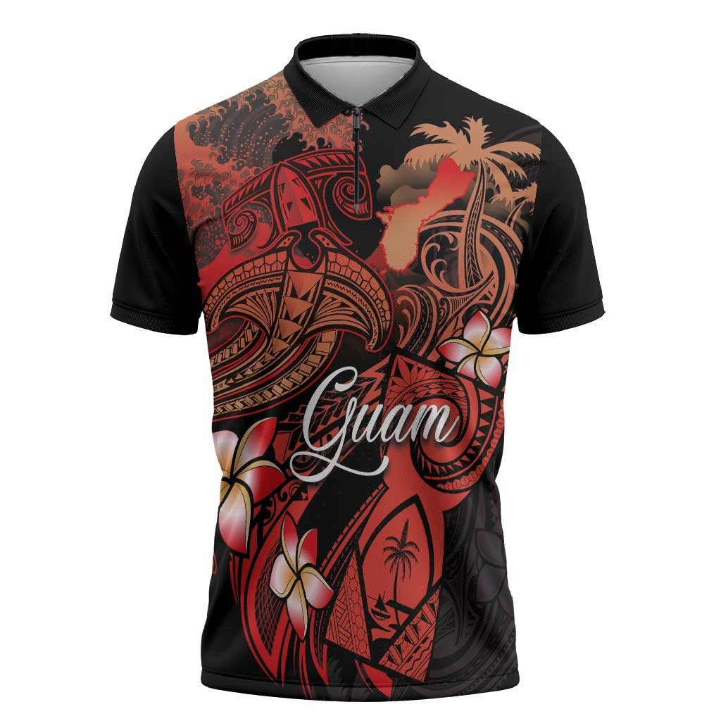 Guam Tribal Chamorro Zipper Polo Shirt Polynesian Shark with Plumeria and Sea Vibe LT03 Black - Polynesian Pride