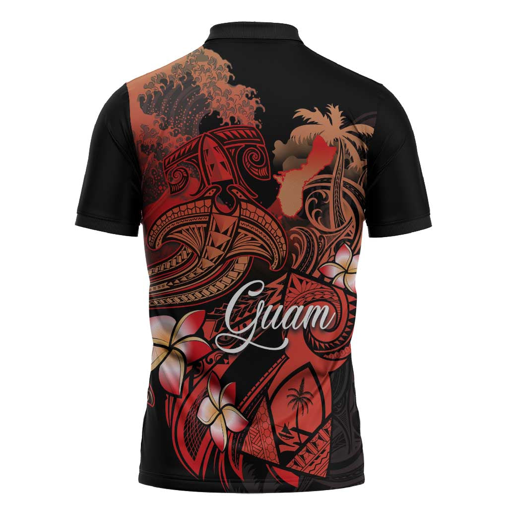 Guam Tribal Chamorro Zipper Polo Shirt Polynesian Shark with Plumeria and Sea Vibe LT03 - Polynesian Pride