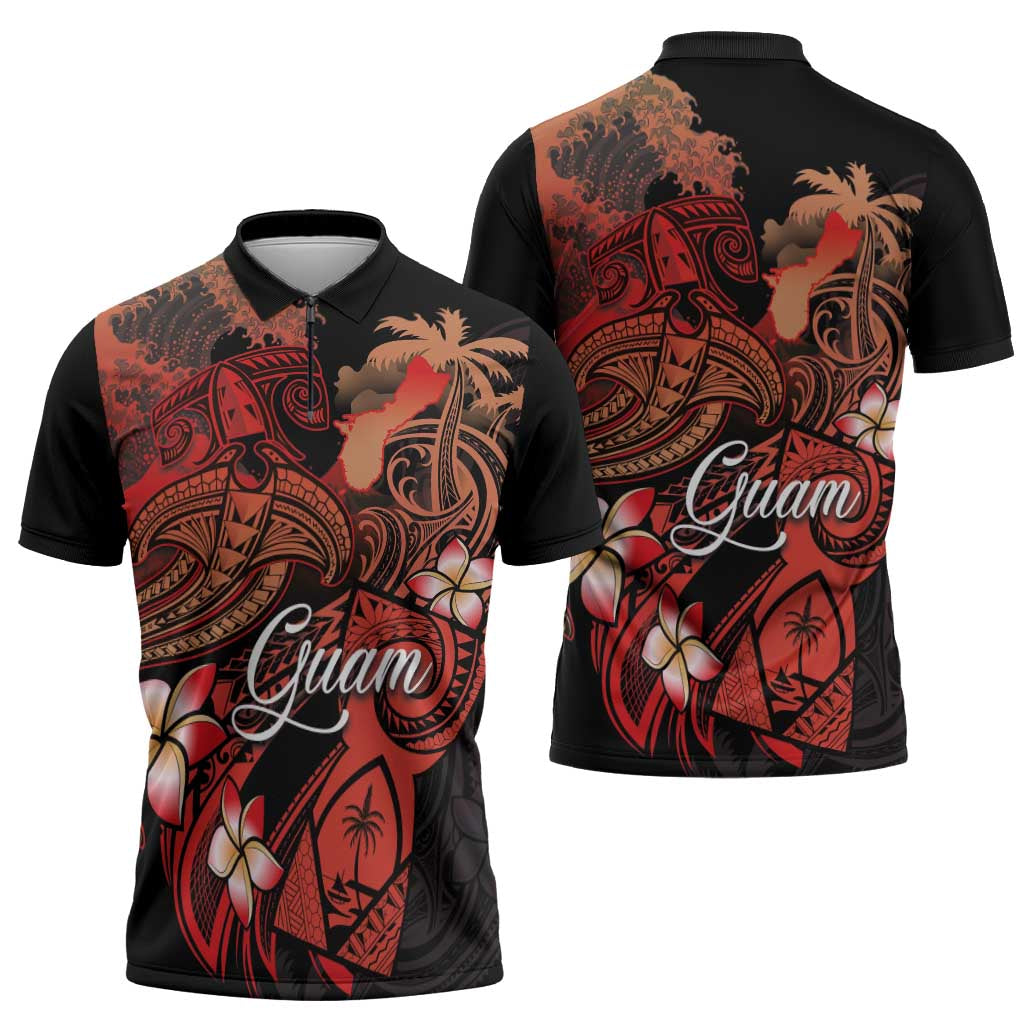 Guam Tribal Chamorro Zipper Polo Shirt Polynesian Shark with Plumeria and Sea Vibe LT03 - Polynesian Pride
