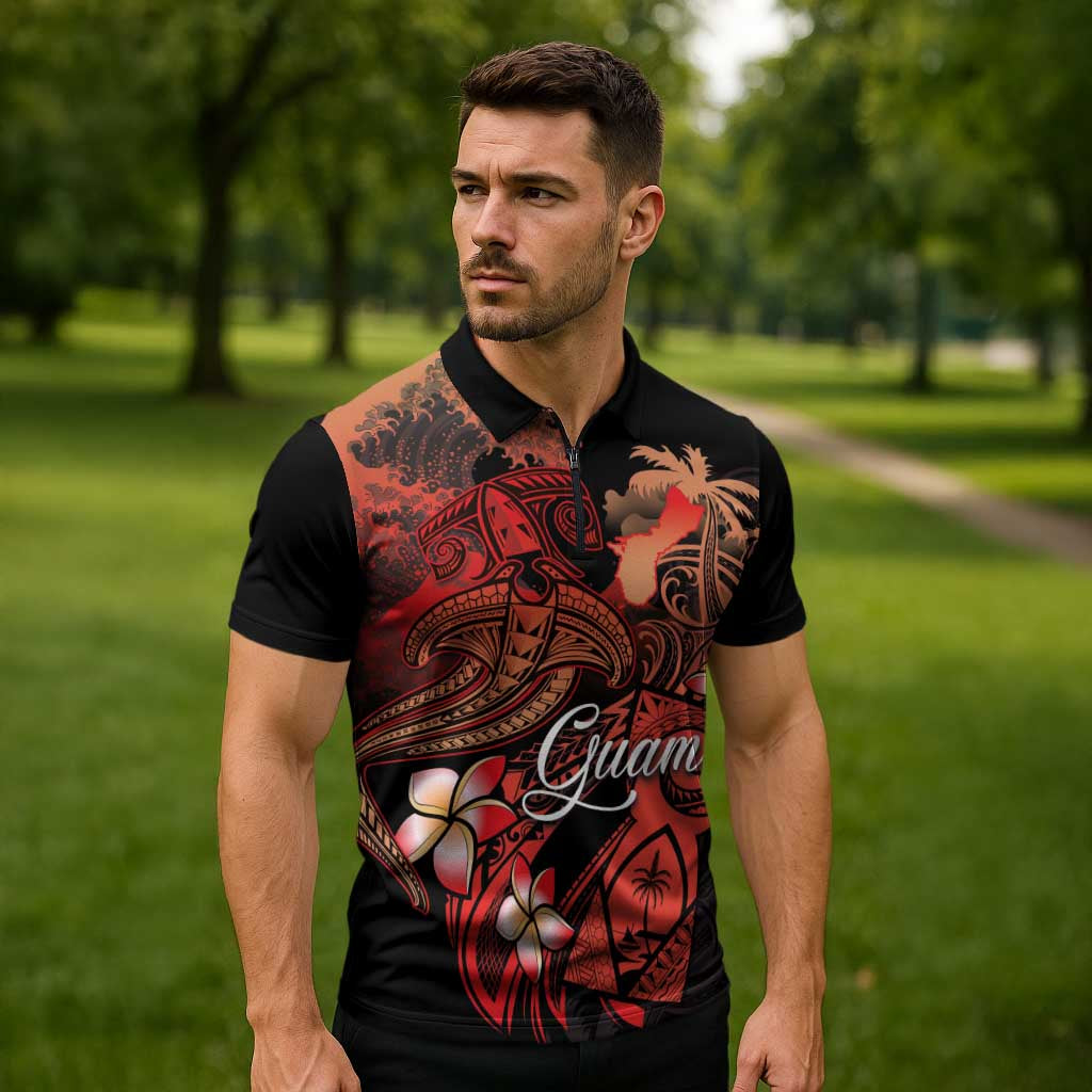 Guam Tribal Chamorro Zipper Polo Shirt Polynesian Shark with Plumeria and Sea Vibe LT03 - Polynesian Pride