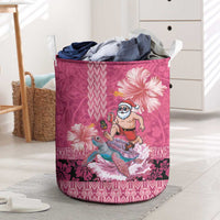 Hawaii Mele Kalikimaka Laundry Basket Funny Santa with Tribal Tattoos Kakau Pink Color LT03 Pink - Polynesian Pride