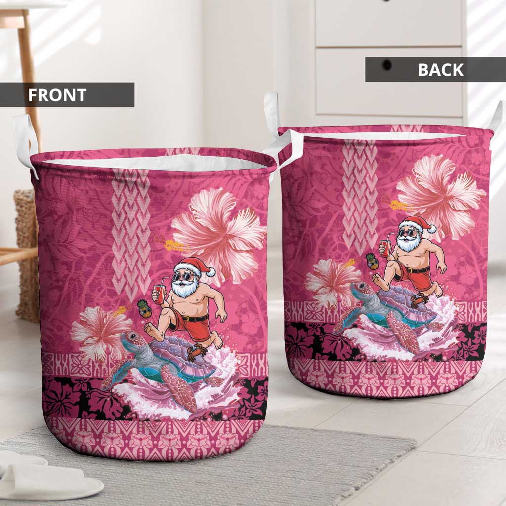 Hawaii Mele Kalikimaka Laundry Basket Funny Santa with Tribal Tattoos Kakau Pink Color LT03 - Polynesian Pride