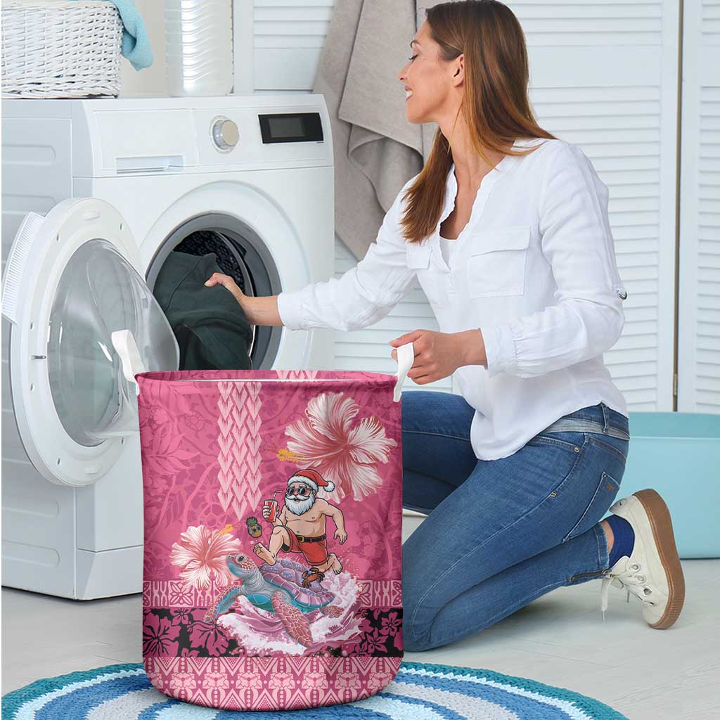 Hawaii Mele Kalikimaka Laundry Basket Funny Santa with Tribal Tattoos Kakau Pink Color LT03 - Polynesian Pride