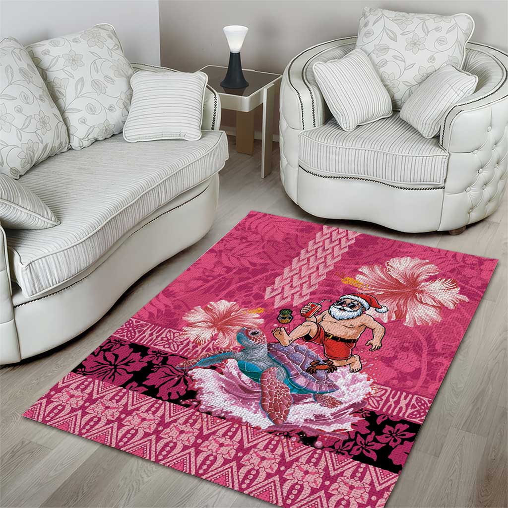 Hawaii Mele Kalikimaka Area Rug Funny Santa with Tribal Tattoos Kakau Pink Color LT03 - Polynesian Pride