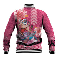 Hawaii Mele Kalikimaka Baseball Jacket Funny Santa with Tribal Tattoos Kakau Pink Color LT03 - Polynesian Pride